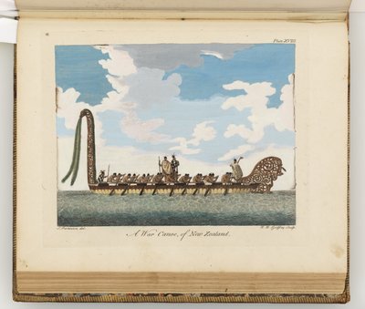 Een oorlogskano van Nieuw-Zeeland, illustratie uit Een reisverslag naar de Zuidzeeën: in Zijne Majesteits schip, de Endeavour, 1794 door Sydney